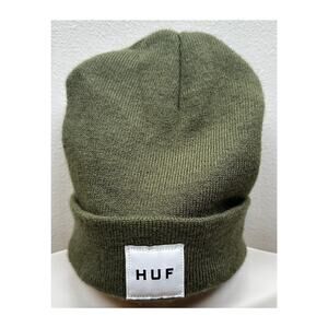 HUF Beanie Hat Men's Black Logo Patch Skate Board Box Cuffed Cap Street in Pesto